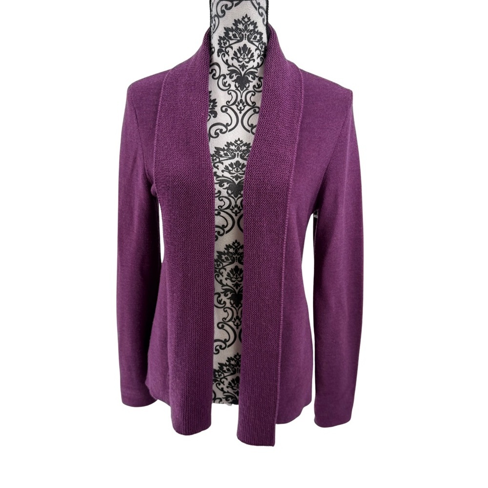 Eileen Fisher Open-Front Merino Wool Cardigan Purple Shawl-Collar Sweater S - Picture 7 of 11